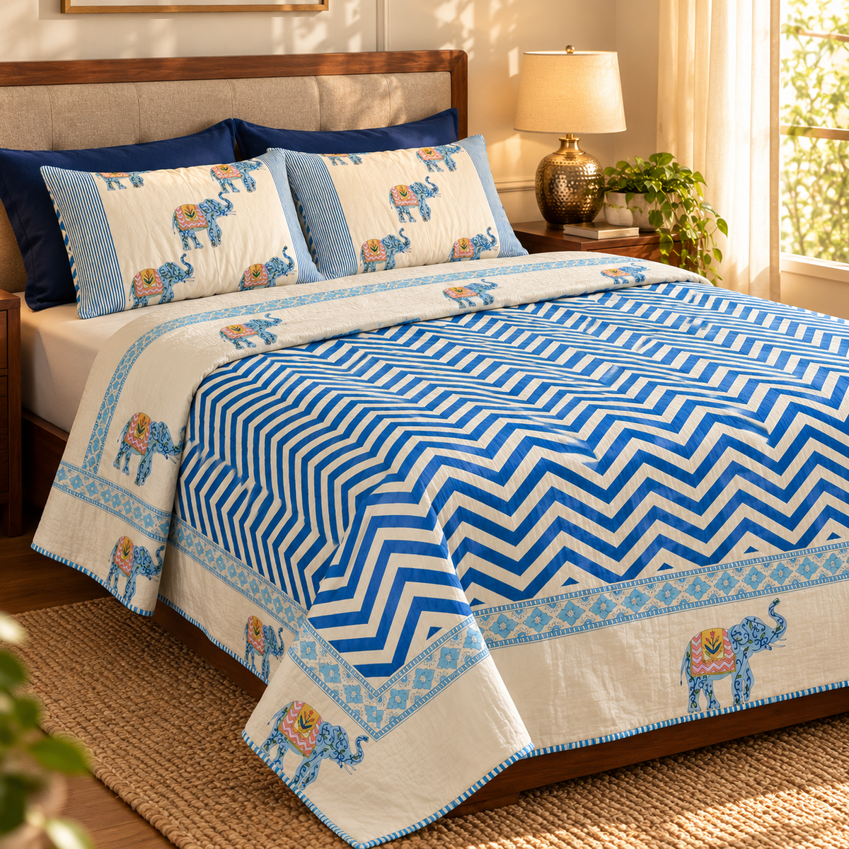 Blue Elephant Chevron Handblock Mulmul Cotton Reversible Dohar