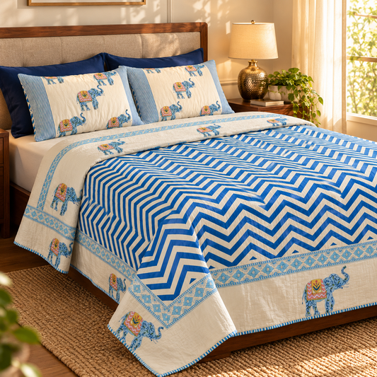 Blue Elephant Chevron Handblock Mulmul Cotton Reversible Dohar