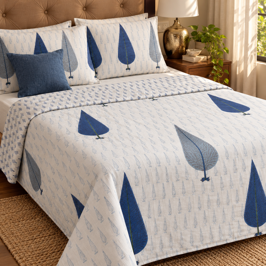 Blue Cypress Handblock Reversible Mulmul Cotton Dohar