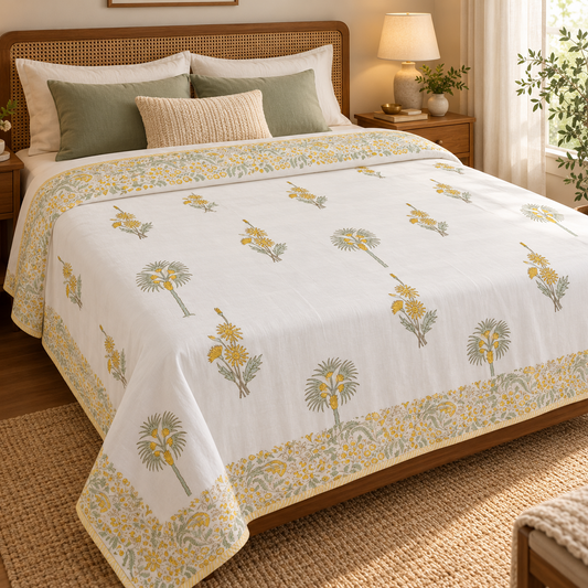 Yellow Blossom Handblock Mulmul Cotton Reversible Dohar