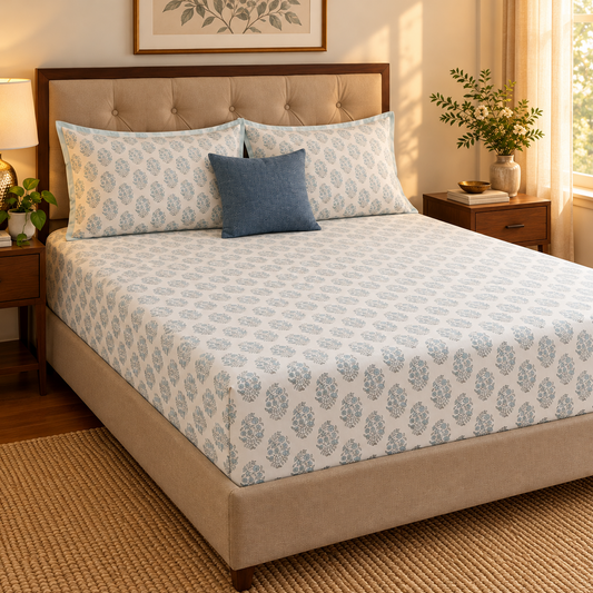 Blue Meher Handblock Premium Cotton Bedsheet Set