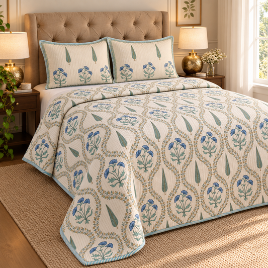 Blue Poppy Jaal Handblock Reversible Straight Quilted Bedcover Set (Beige Base)