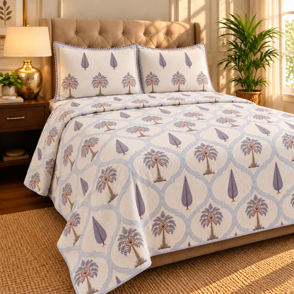 Blue Palm Jaal Handblock Bedsheet + Dohar Combo Set