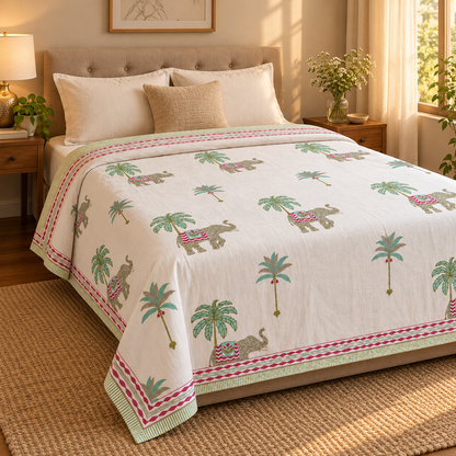 Grey Elephant Handblock Bedsheet + Dohar Combo Set