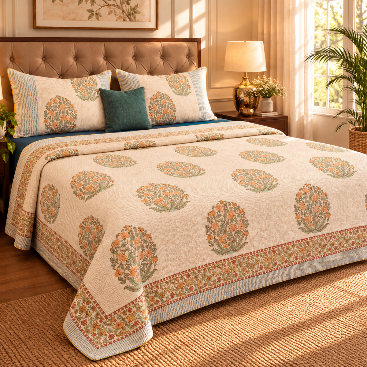 Yellow Boota Handblock Jute Cotton Bedcover