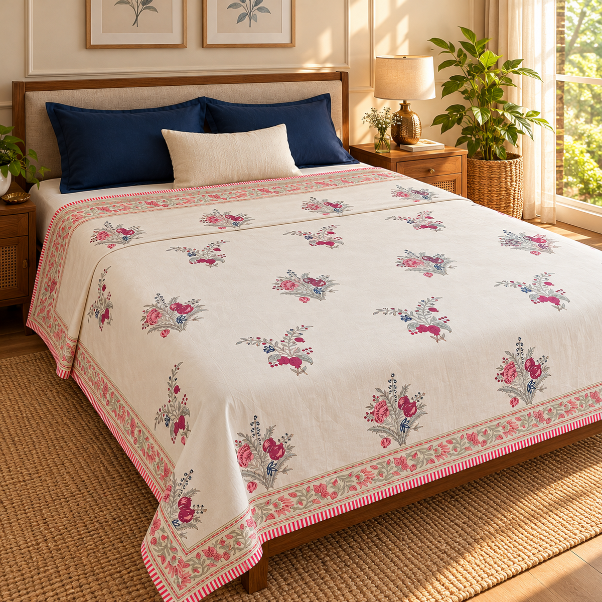 Burgundy Anaar Handblock Mulmul Cotton Reversible Dohar (Beige Base)