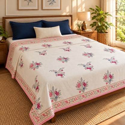 Burgundy Anaar Handblock Mulmul Cotton Reversible Dohar (Beige Base)