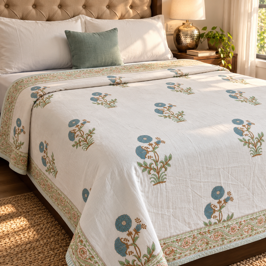 Blue Marigold Handblock Mulmul Cotton Reversible Dohar