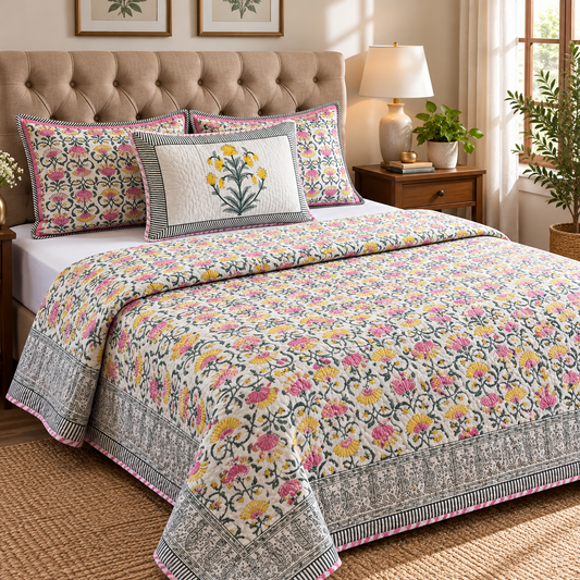 Pink & Yellow Lotus Handblock Reversible Quilted Bedcover Set