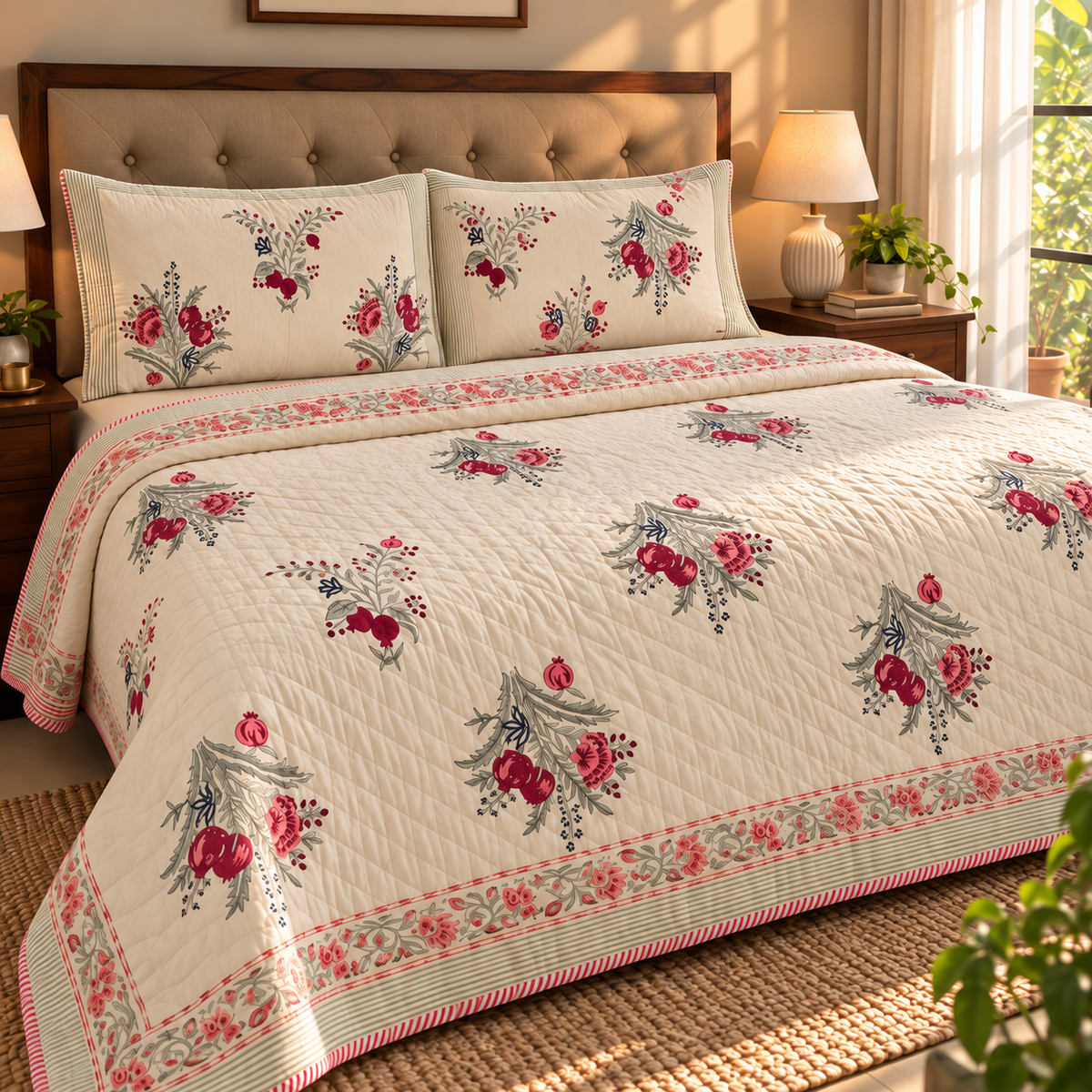 Burgundy Anaar Handblock Bedsheet + Single Bed Quilt Combo Set (Beige Base)