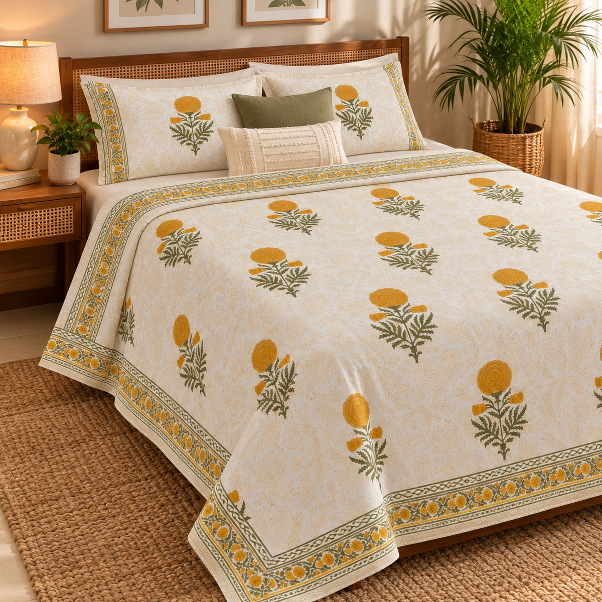 Turmeric Yellow Paani Jaal Handblock Mulmul Cotton Reversible Dohar
