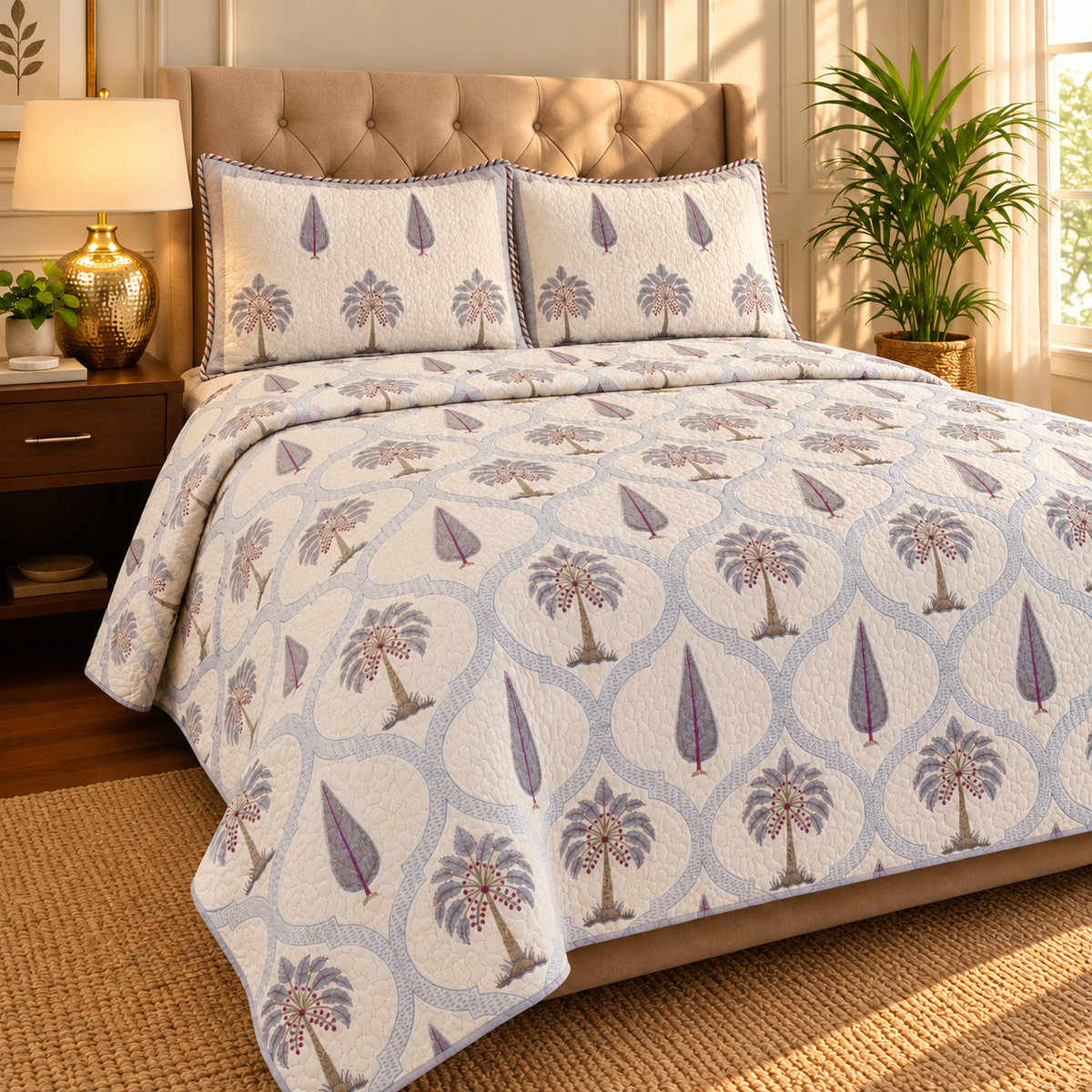 Blue Palm Jaal Handblock Bedsheet + Quilted Bedcover Combo Set