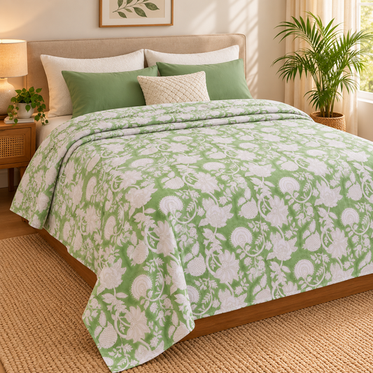 Green Garden Handblock Bedsheet + Dohar Combo Set