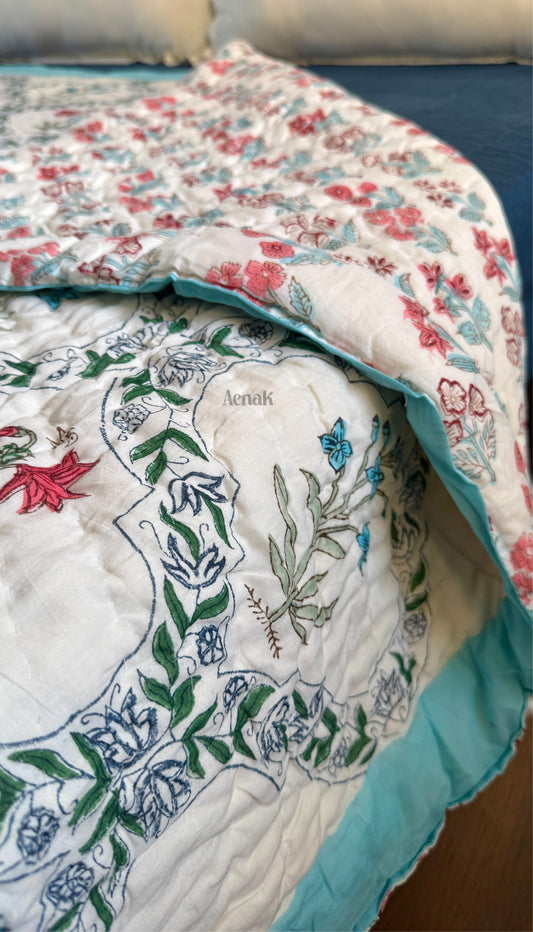 Red & Blue Floral Jaal Handblock Bedsheet + Quilt Combo