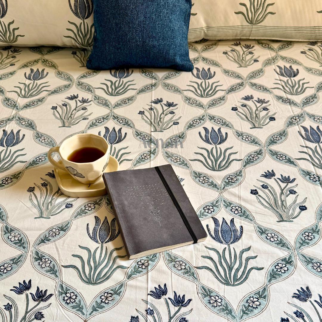 Blue Lotus Jaal Handblock Printed Premium Cotton Bedsheet