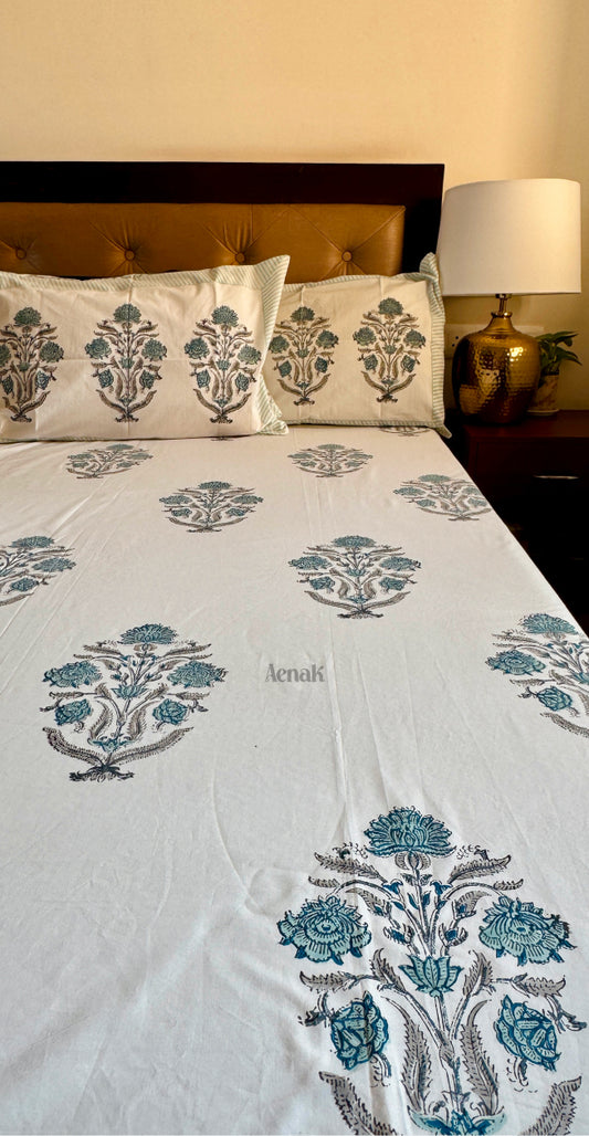 Teal Blue Dahlia Handblock Printed Premium Cotton Bedsheet