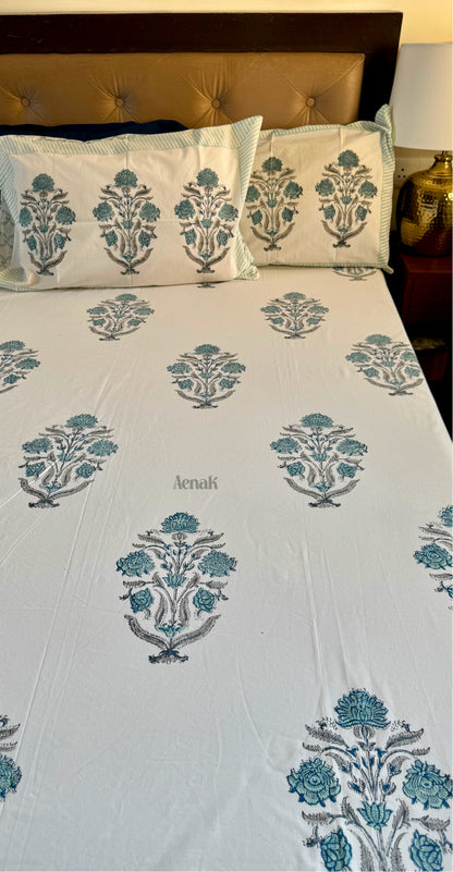 Teal Blue Dahlia Handblock Printed Premium Cotton Bedsheet