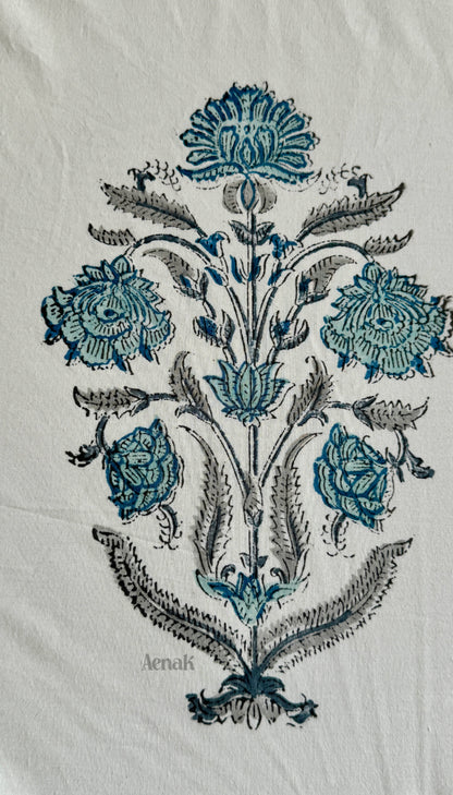 Teal Blue Dahlia Handblock Printed Premium Cotton Bedsheet