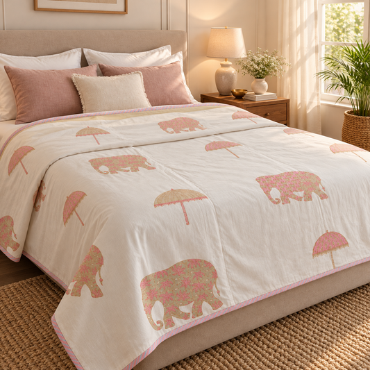 Pink Elephant Handblock Mulmul Cotton Reversible Dohar