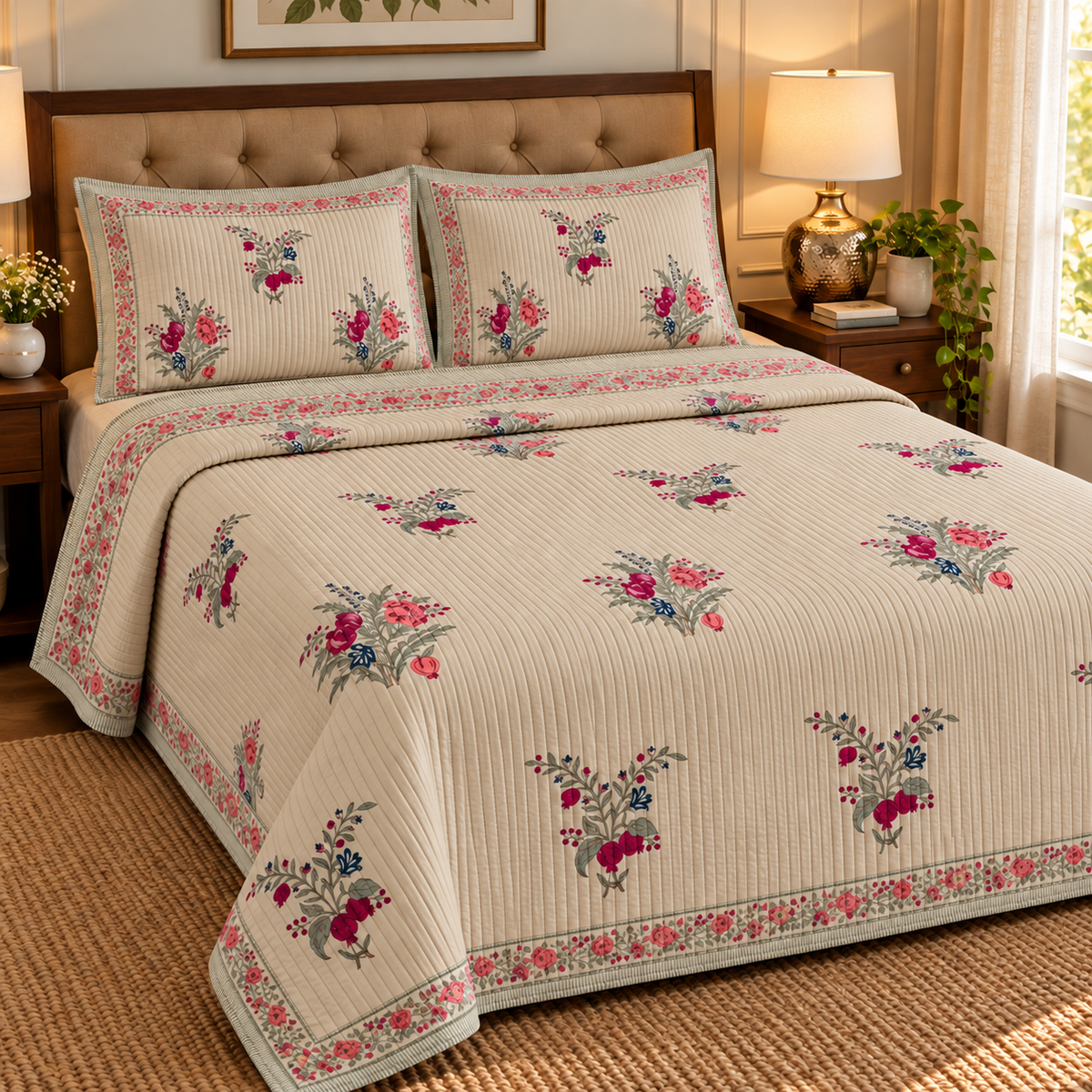 Burgundy Anaar Handblock Reversible Straight Quilted Bedcover Set (Beige Base)