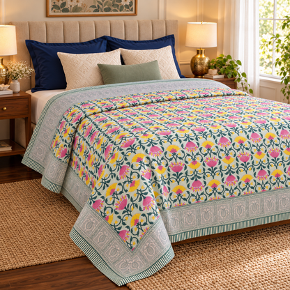 Pink & Yellow Lotus Handblock Mulmul Cotton Reversible Dohar