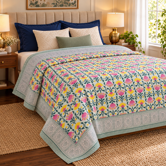 Pink & Yellow Lotus Handblock Bedsheet + Dohar Combo Set