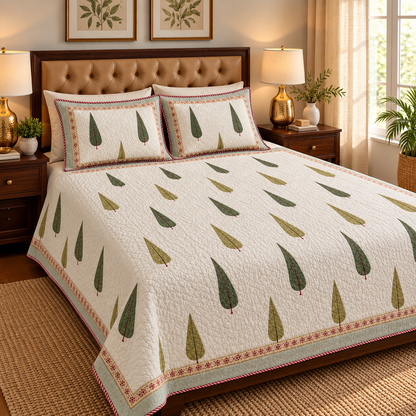 Green Cypress Handblock Printed Reversible Quilted Bedcover Set
