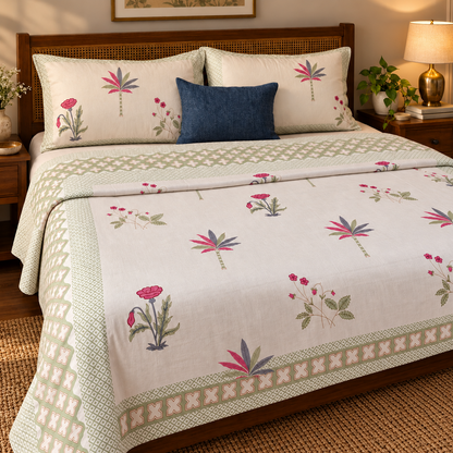 Pink Blue Palm Handblock Mulmul Cotton Reversible Dohar