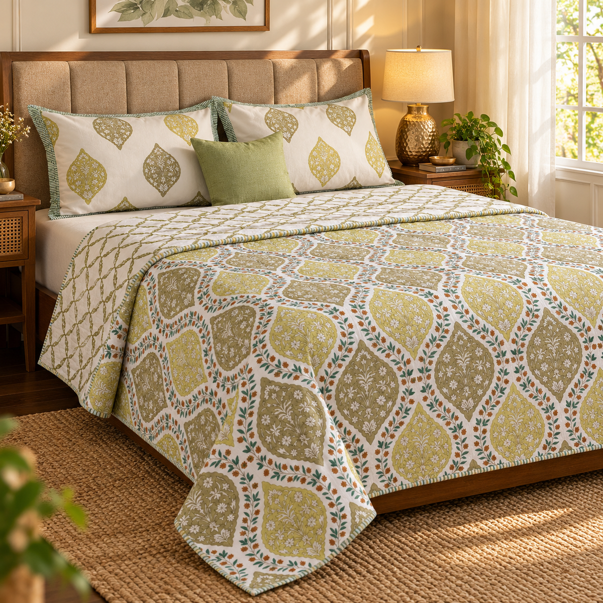 Green Jaal Handblock Bedsheet + Dohar Combo Set