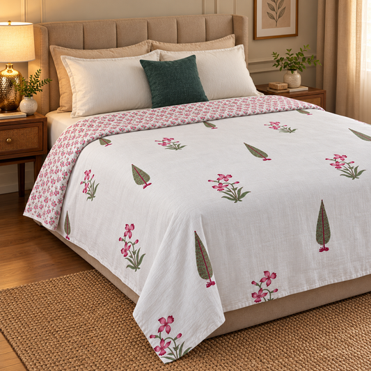 Pink Madhumati Handblock Mulmul Cotton Reversible Dohar