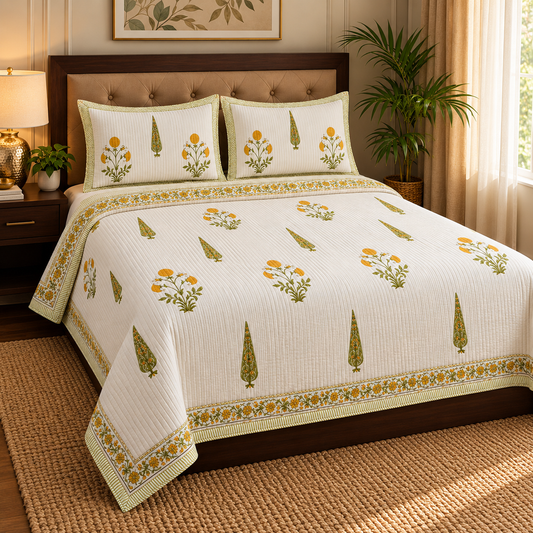 Yellow Dahlia Handblock Reversible Quilted Bedcover Set