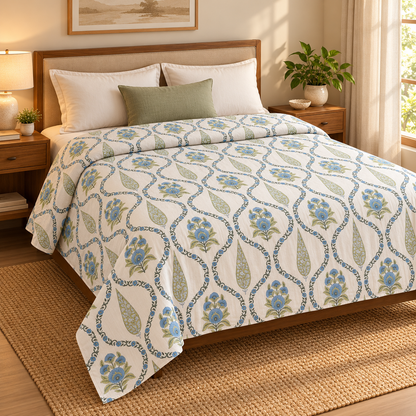 Blue Jaipuri Jaal Handblock Mulmul Cotton Reversible Dohar