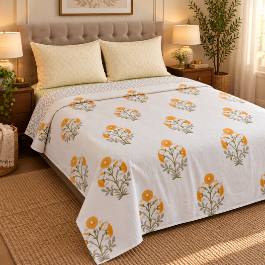 Yellow Dahlia Garden Handblock Mulmul Cotton Reversible Dohar