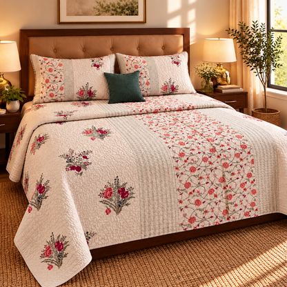 Kashmiri Boota Handblock Bedsheet + Quilted Bedcover Combo Set