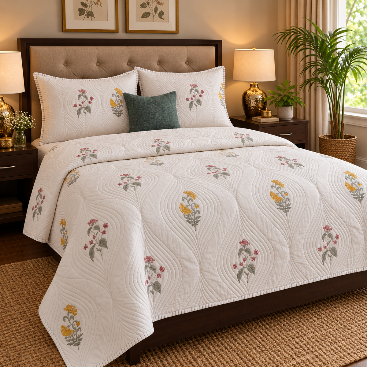 Pink Yellow Boota Embossed Quilted Handblock Bedcover Set