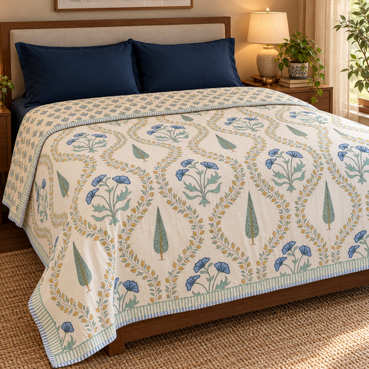 Blue Poppy Jaal Handblock Mulmul Cotton Reversible Dohar (Beige Base)