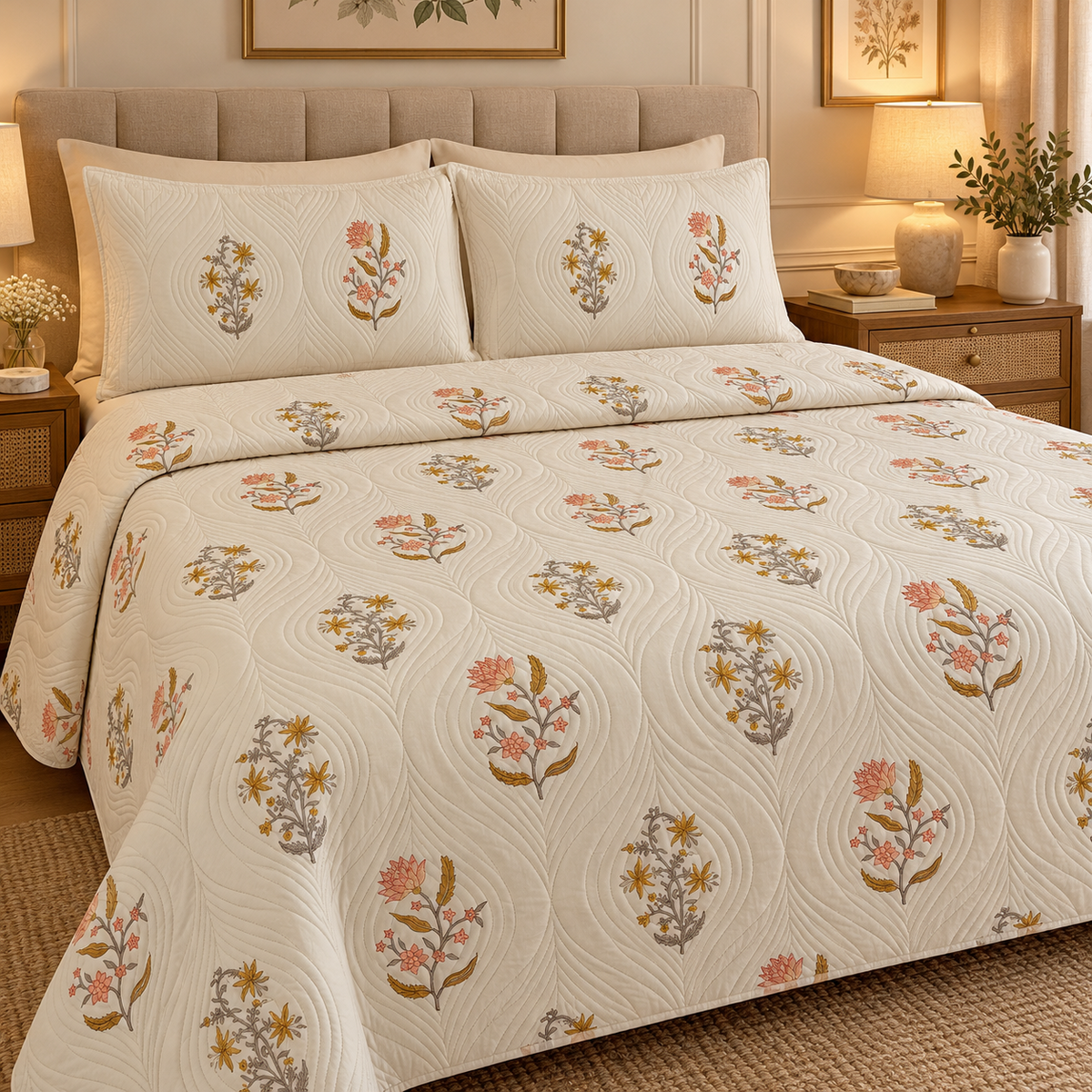 Peach Phool Embossed Handblock Quilted Bedcover Set
