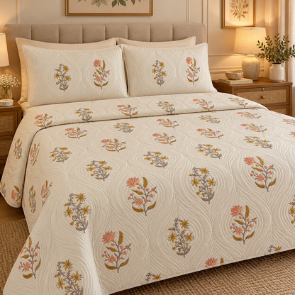 Peach Phool Embossed Handblock Quilted Bedcover Set