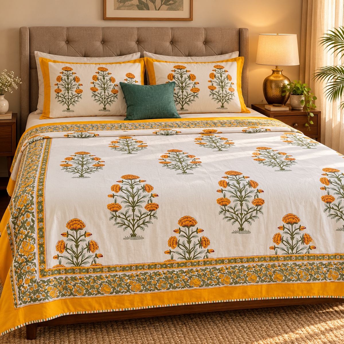 Turmeric Yellow Marigold Handblock Mulmul Cotton Reversible Dohar