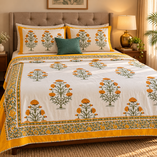 Turmeric Yellow Marigold Handblock Mulmul Cotton Reversible Dohar