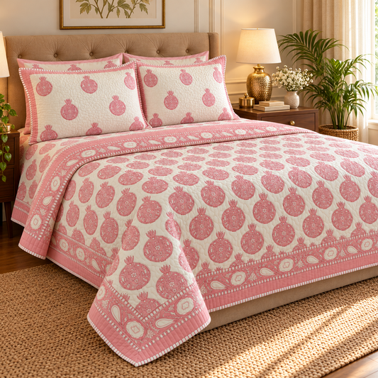 Pink Anaar Handblock Reversible Quilted Bedcover Set