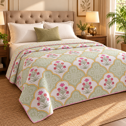 Mint Green & Yellow Handblock Bedsheet + Dohar Combo Set