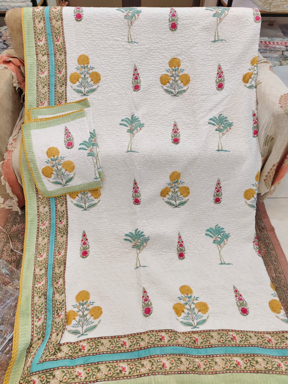 Basant Palm Handblock Printed Reversible Quilted Cotton Bedcover Set- 105x108