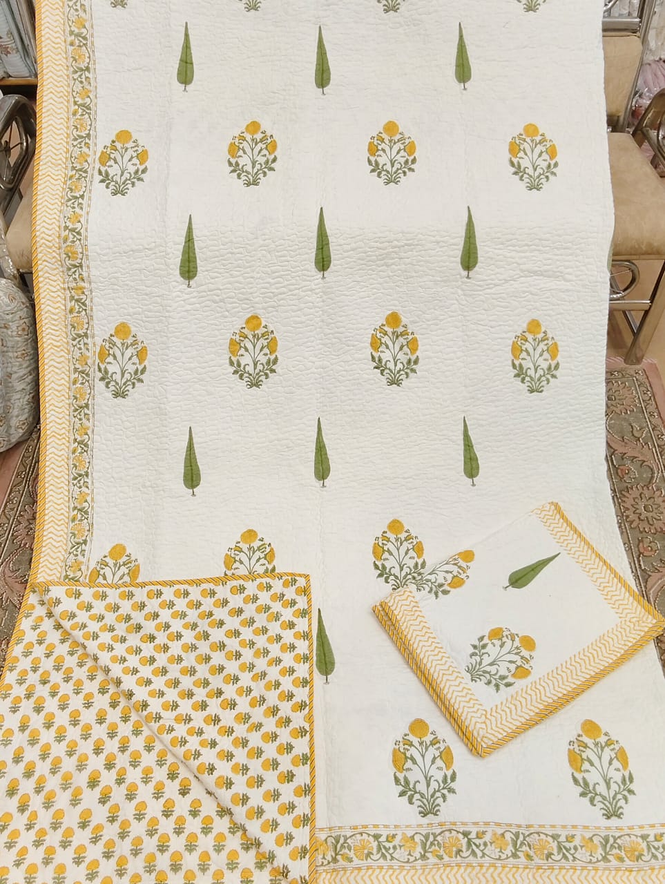Yellow Marigold Handblock Reversible Quilted Bedcover Set