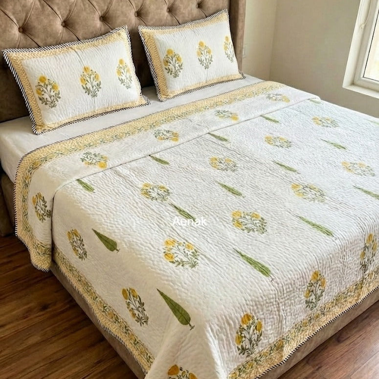 Yellow Marigold Handblock Reversible Quilted Bedcover Set