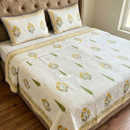 Yellow Marigold Handblock Reversible Quilted Bedcover Set