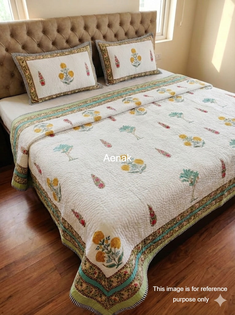 Basant Palm Handblock Printed Reversible Quilted Cotton Bedcover Set- 105x108