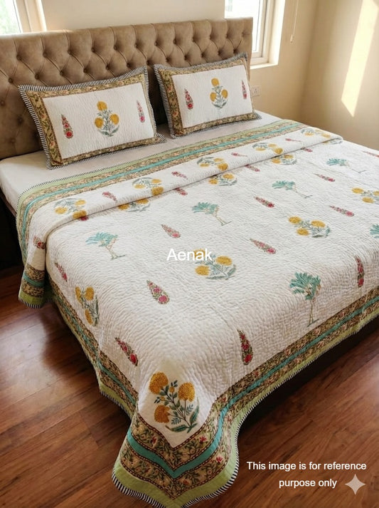 Basant Palm Handblock Printed Reversible Quilted Cotton Bedcover Set- 105x108