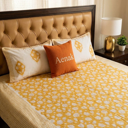 Yellow floral garden Handblock Printed Premium Cotton Fitted Bedsheet