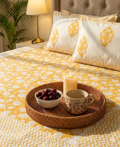 Yellow floral garden Handblock Printed Premium Cotton Fitted Bedsheet